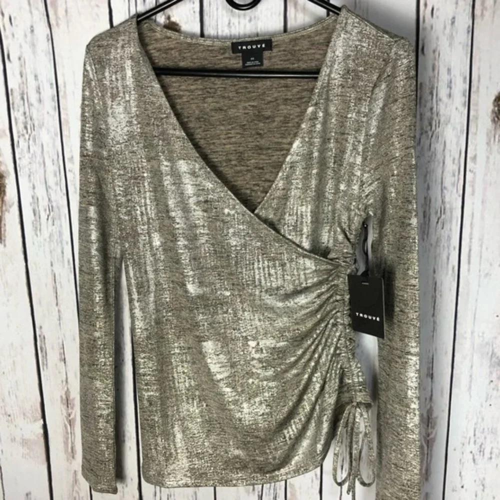 Trouve Metallic Silver Rouched Top - Silk Foil Nordstrom Small New with Tags - Picture 8 of 16